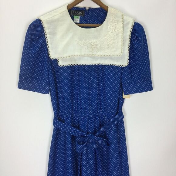 Vintage 80s Dress Size 10 Medium Crochet Yolk Collar Polka Dot Belted USA New - Picture 2 of 11